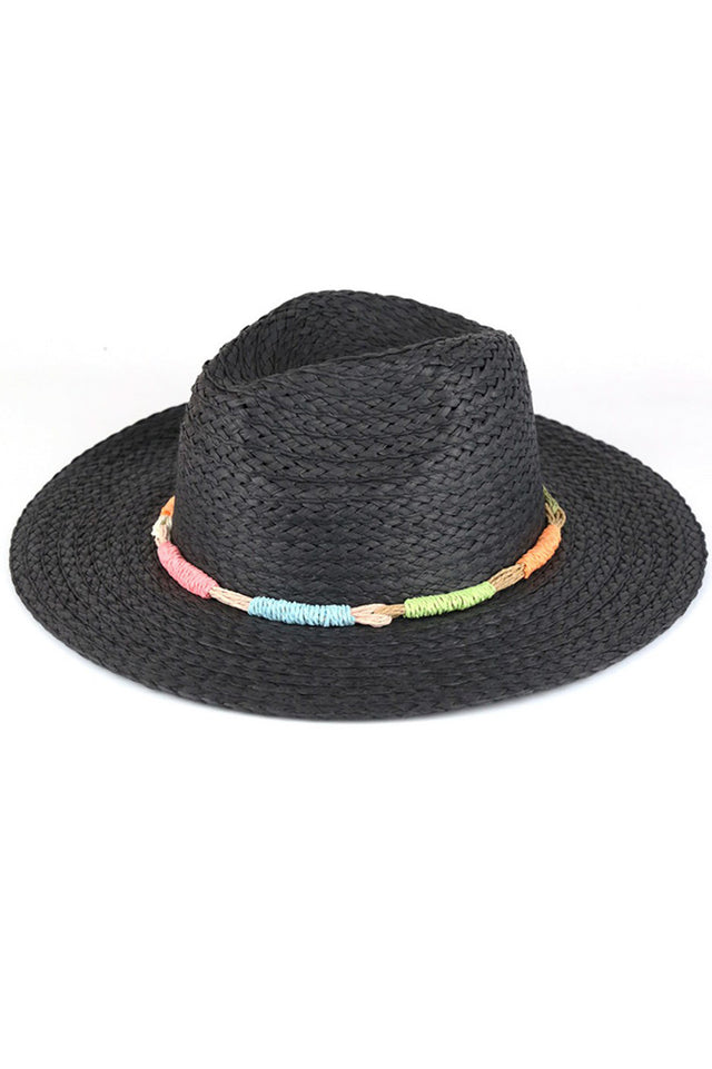 Multi Colors Straw Band Straw Hat - Black - Straw Hat