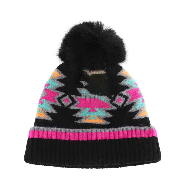 Black Multi KIDS Southwestern Faux Fur Pom C.C Beanie combines warmth and style with its soft knit fabric and plush faux fur pom. Designed for comfort and durability, this beanie offers excellent protection against cold weather while showcasing a distinctive southwestern pattern. Ideal for everyday wear, it keeps children cozy with a well-blended mix of function and fashion. 
