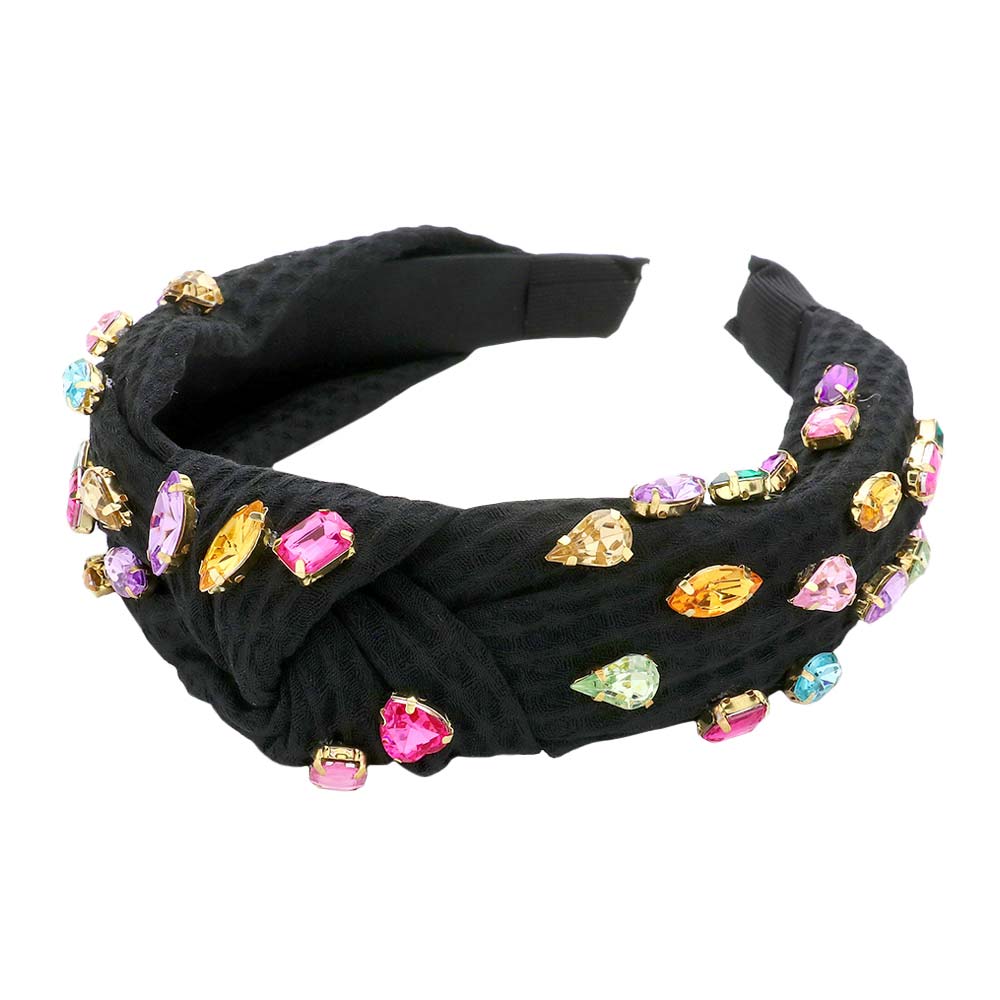 Black Multi Stone Embellished Knot Burnout Lace Headband, create a natural & beautiful look while perfectly matching your color with the easy-to-use multi-stone embellished knot headband. Push your hair back and spice up any plain outfit with this knot headband!