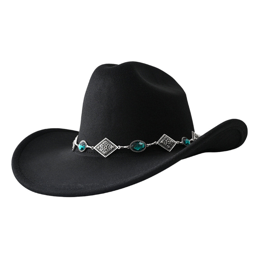 Black Oval Stone Antique Metal Band Solid Cowboy Fedora Panama Hat, Crafted with a solid construction featuring an oval stone design and a unique antique metal band, it's designed to be durable and fashionable. An excellent gift choice for your fashion-loving family members, friends, young adults, travelers, or yourself!