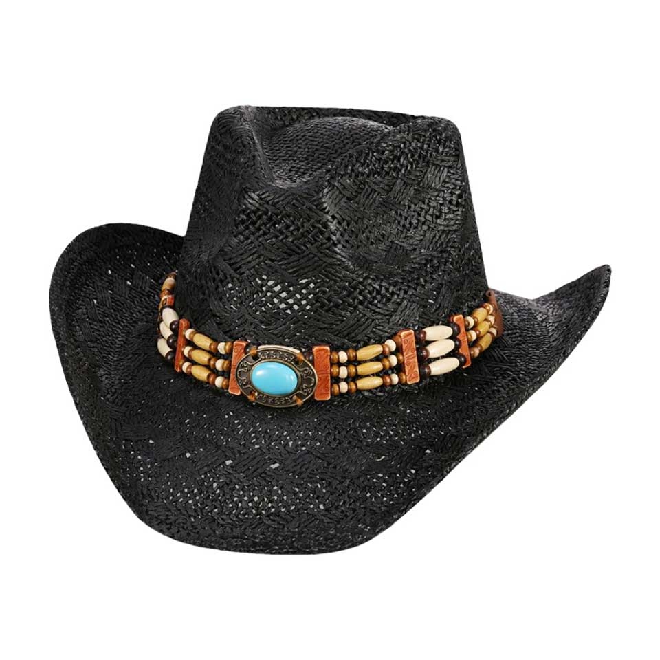 Black Oval Turquoise Stone Pointed Wood Beaded Straw Cowboy Hat, Step up your Western style with our finely crafted cowboy hat. This hat features a beautiful oval turquoise stone and pointed wood beaded design, adding a unique touch to your outfit. Made with high-quality straw material, it offers both style and comfort.
