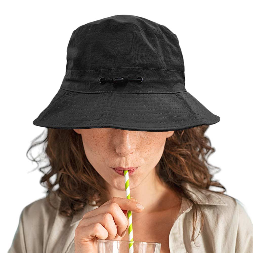 Black Packable Compact Outdoor Bucket Hat, stay prepared for any sunny adventure, and don't get caught in the sun without this clever bucket hat! Perfect for any outdoor adventure, this hat packs easily into your bag and provides ample shade when needed. Stay protected and stylish with this must-have accessory.