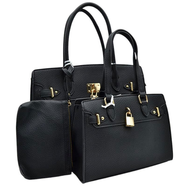 Black-Padlock Accent 3 in 1 Twin Tote-Satchel Value Set includes a wallet for added convenience. With a stylish padlock accent, this set is perfect for everyday use and travel. Made with high-quality materials, it offers durability and functionality. Get both fashion and functionality with this value set. 