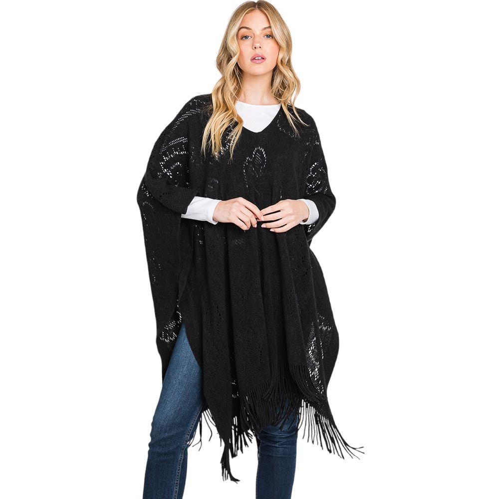 Black Paisley Patterned Fringe Poncho, with the latest trend in ladies' outfit cover-up! the high-quality knit fringe tassel poncho is soft, comfortable, and warm but lightweight. It's perfect for your daily, casual, party, evening, vacation, and other special events outfits. A fantastic gift for your friends or family.