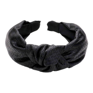 Black Pattern Detailed Solid Faux Leather Knot Burnout Headband, Look great every day with this. This headband features a pattern-detailed solid faux leather design, along with a knot and burnout effect for a stylish look. A thoughtful gift item for young adults, friends, family members, and yourself.