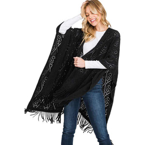 Black Patterned Fringe Ruana Poncho, with the latest trend in ladies' outfit cover-up! the high-quality knit ruana poncho is soft, comfortable, and warm but lightweight. It's perfect for your daily, casual, party, evening, vacation, and other special events outfits. A fantastic gift for your friends or family.