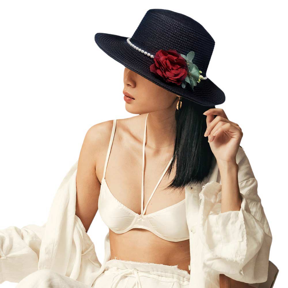 Black Pearl Band Rose Corsage Pointed Raffia Sun Hat, Elevate your summer look with our stylish and trendy sun hat. The chic design features a delicate pearl band and a beautiful rose corsage, perfect for any occasion. Crafted from high-quality raffia, this sun hat offers both style and protection from the sun's harmful rays