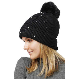 Black Pearl Embellished Lining Knit Pom Pom Beanie Hat, wear this beautiful beanie hat with any ensemble for the perfect finish before running out the door into the cool air. An awesome winter gift accessory and the perfect gift item for Birthdays, Christmas, Stocking stuffers, holidays, anniversaries, Valentine's Day, etc.