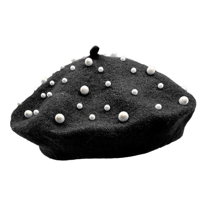 Black-Pearl Embellished Tam Beret Hat, Featuring a classic beret design, this stylish hat is adorned with elegant pearls for a touch of sophistication.Adding a touch of glamour to any outfit, this hat is a must-have accessory for any fashion-forward individual.Upgrade your style today with our Pearl Embellished Tam Beret Hat