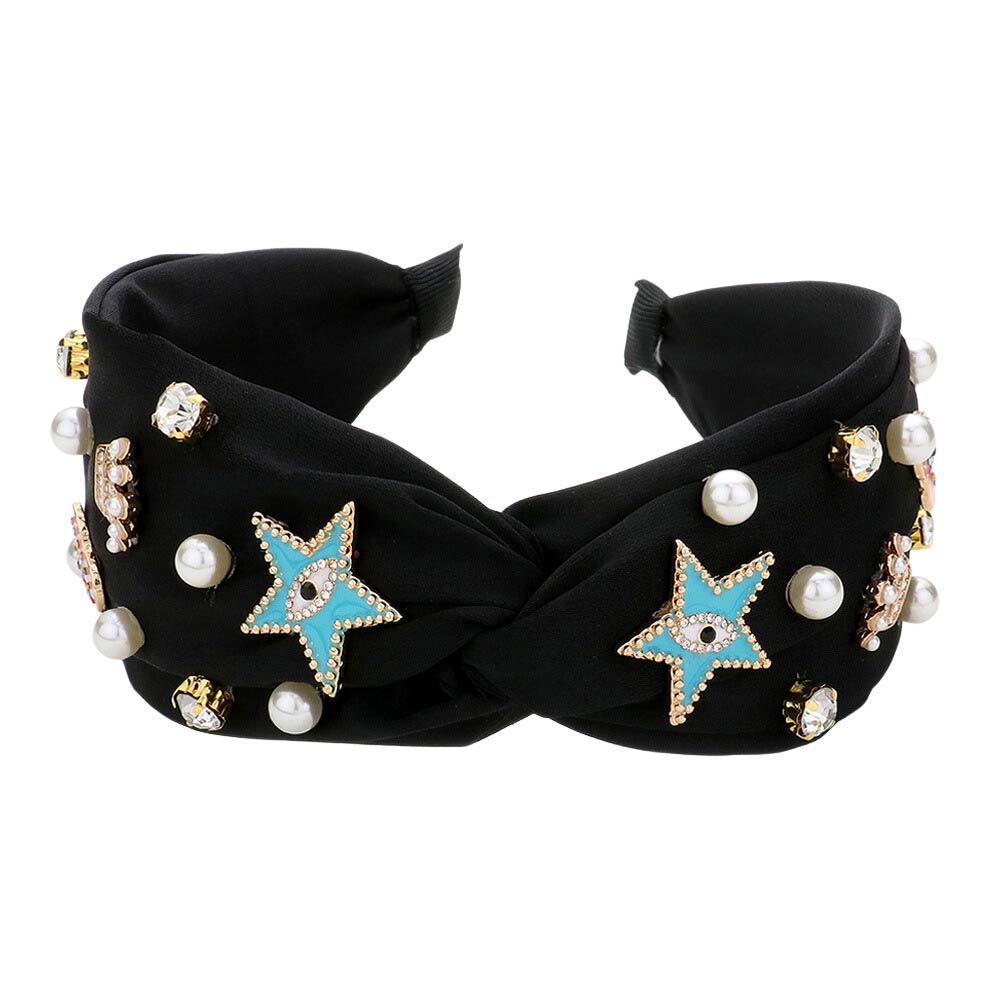 Black Pearl Evil Eye Star Heart Crown Embellished Twisted Headband, create a beautiful look while perfectly matching your color with the easy-to-use twisted headband. These headbands set you apart from everyone else. Due to this, all eyes are fixed on you. These are awesome gift ideas for your loved one or yourself.