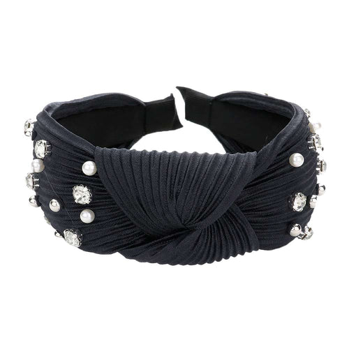 Diadema plisada con nudo de piedra redonda y bola de metal perlado - Negro