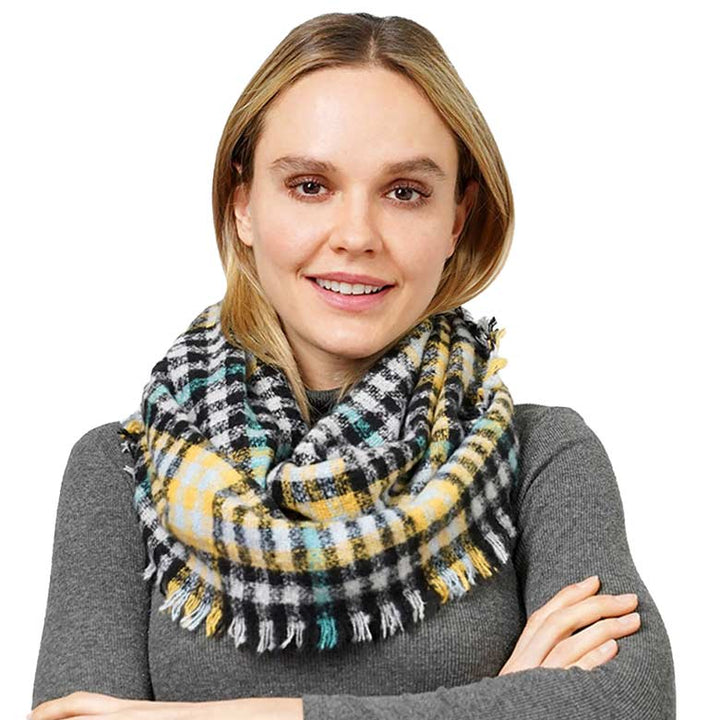 Black Plaid Check Patterned Infinity Scarf, delicate, warm, on-trend & fabulous, a luxe addition to any cold-weather ensemble. This scarf combines great fall style with comfort and warmth. It's a perfect weight and can be worn to complement your outfit. Perfect gift for birthdays, holidays, or any occasion.