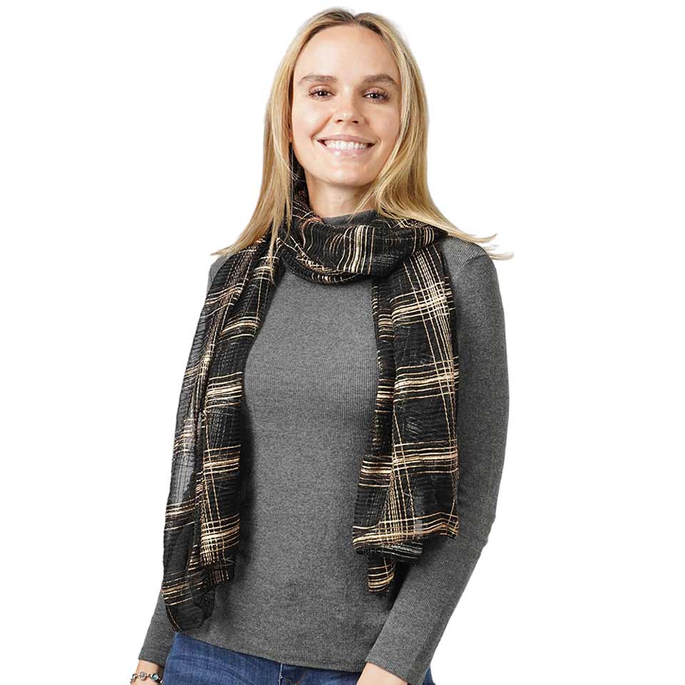 Beige Plaid Check Patterned Lurex Sheer Crinkle Oblong Scarf, is delicate, warm, on-trend & fabulous, and a luxe addition to any cold-weather ensemble. This scarf combines great fall style with comfort and warmth. Perfect gift for birthdays, holidays, or any occasion.