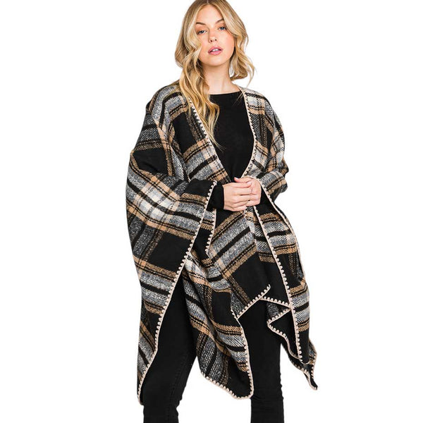 Black Plaid Check Patterned Ruana Poncho, designed with a timeless plaid check pattern, this poncho exudes sophistication, making it the perfect addition to any outfit Perfect gift for Wife, Mom, Birthday, Holiday, Christmas, Anniversary, Fun night out. Make your moment stylish and attractive.