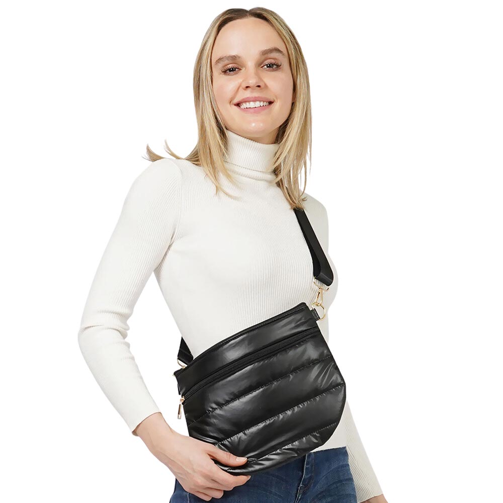 Black Puffer Half Moon Crossbody Bag, be the ultimate fashionista when carrying this puffer half-moon crossbody bag in style. It's great for carrying small and handy things. Keep your keys handy & ready for opening doors as soon as you arrive. Stay comfortable and smart.