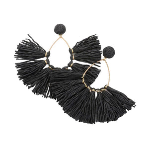 Black Raffia Fringe Fan Dangle Earrings, Expertly crafted with delicate Raffia Fringe, these earrings add a touch of elegance to any outfit. The fan dangle design creates a unique and eye-catching look, while the lightweight material ensures comfortable wear all day long. Perfect for any occasion.