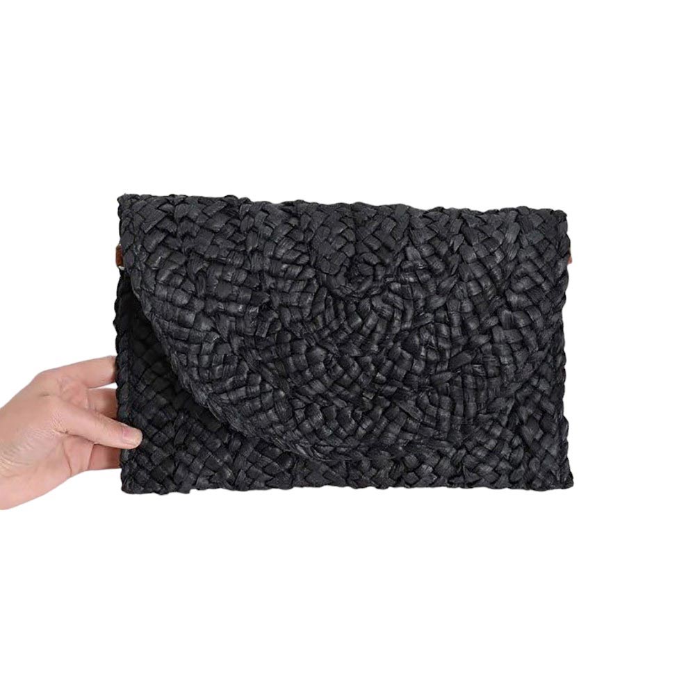 BLack Rattan Braided Clutch Bag, This vintage-inspired bag is handmade and eco-friendly. The intricate braided design adds a touch of bohemian style to your outfit. Made from sustainable materials, this bag is not only stylish but also environmentally conscious. Upgrade your accessory game with this unique clutch bag.