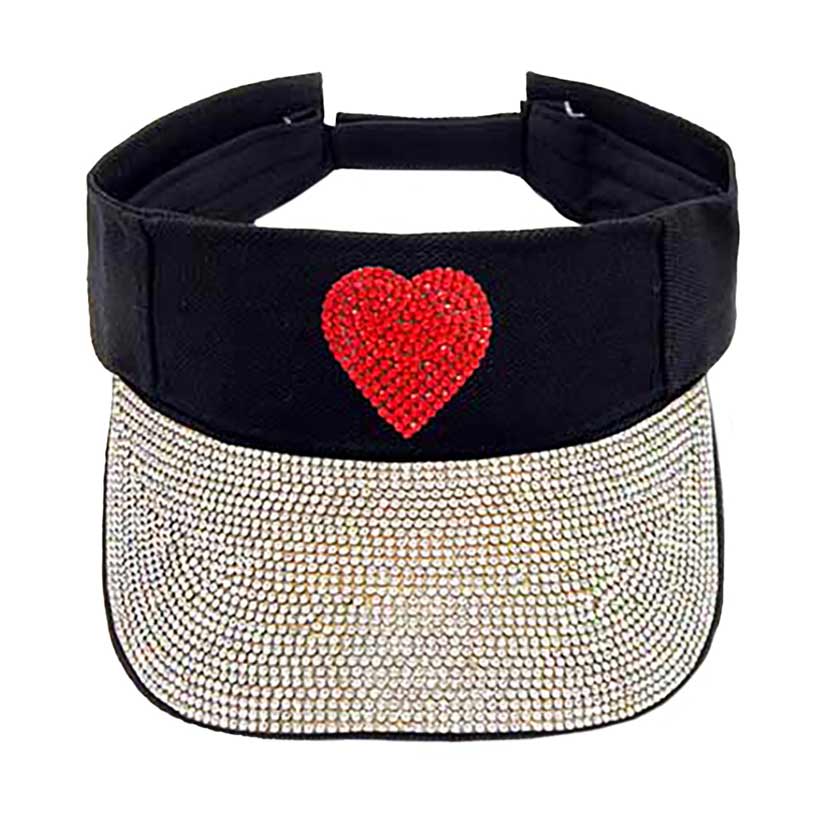Black Red Bling Heart Accented Visor Hat, keep your styles on even when you are relaxing at the pool or playing at the beach. Large, comfortable, and perfect for keeping the sun off of your face and neck. Ideal for travelers who are on vacation or just spending some time in the great outdoors.