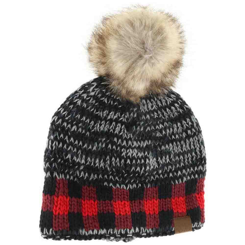 Buffalo Check Mixed Print Fur Pom C.C Beanie - Red black