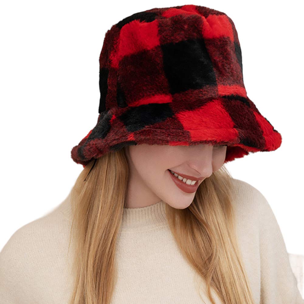Black Red Faux Fur Buffalo Check Patterned Bucket Hat, offers a fashionable yet practical style. The faux fur is soft and comfortable, while the buffalo check pattern adds a stylish touch. Perfect for a variety of outdoor activities. An excellent gift for your friends and family for this winter and fall season.