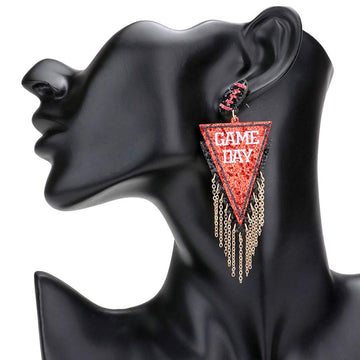 Black Red Stay stylish and support your favorite team with these Game Day Message Glittered Football Pennant Flag Chain Link Dangle Earrings. Crafted with a glittery football pennant flag, they feature a chain link dangle design for a seasonal and sporty look. Show off your team spirit in style!