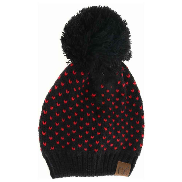 Black red C.C Heart Pattern Knit Pom Beanie Hat, before running out the door into the cool air, you’ll want to reach for this toasty beanie to keep you incredibly warm. Awesome winter gift accessory! Perfect Gift Birthday, Christmas, Stocking Stuffer, Secret Santa, Holiday, Anniversary, Valentine's Day, Loved One.