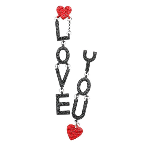 Pendientes colgantes desiguales con mensaje de corazón adornado con diamantes de imitación "Love You" - Black Multi
