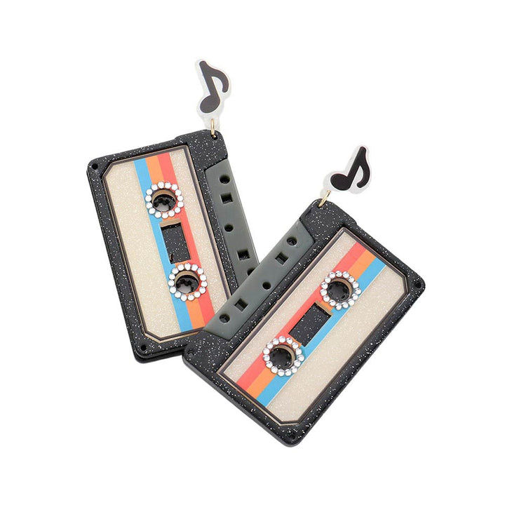 Black Resin Cassette Tape Music Dangle Earrings, Add a vintage touch to your outfit with our specially designed earrings. Made from high-quality resin, these earrings feature a unique cassette tape design that will appeal to music lovers. Perfect for any occasion, these earrings are lightweight and comfortable to wear.