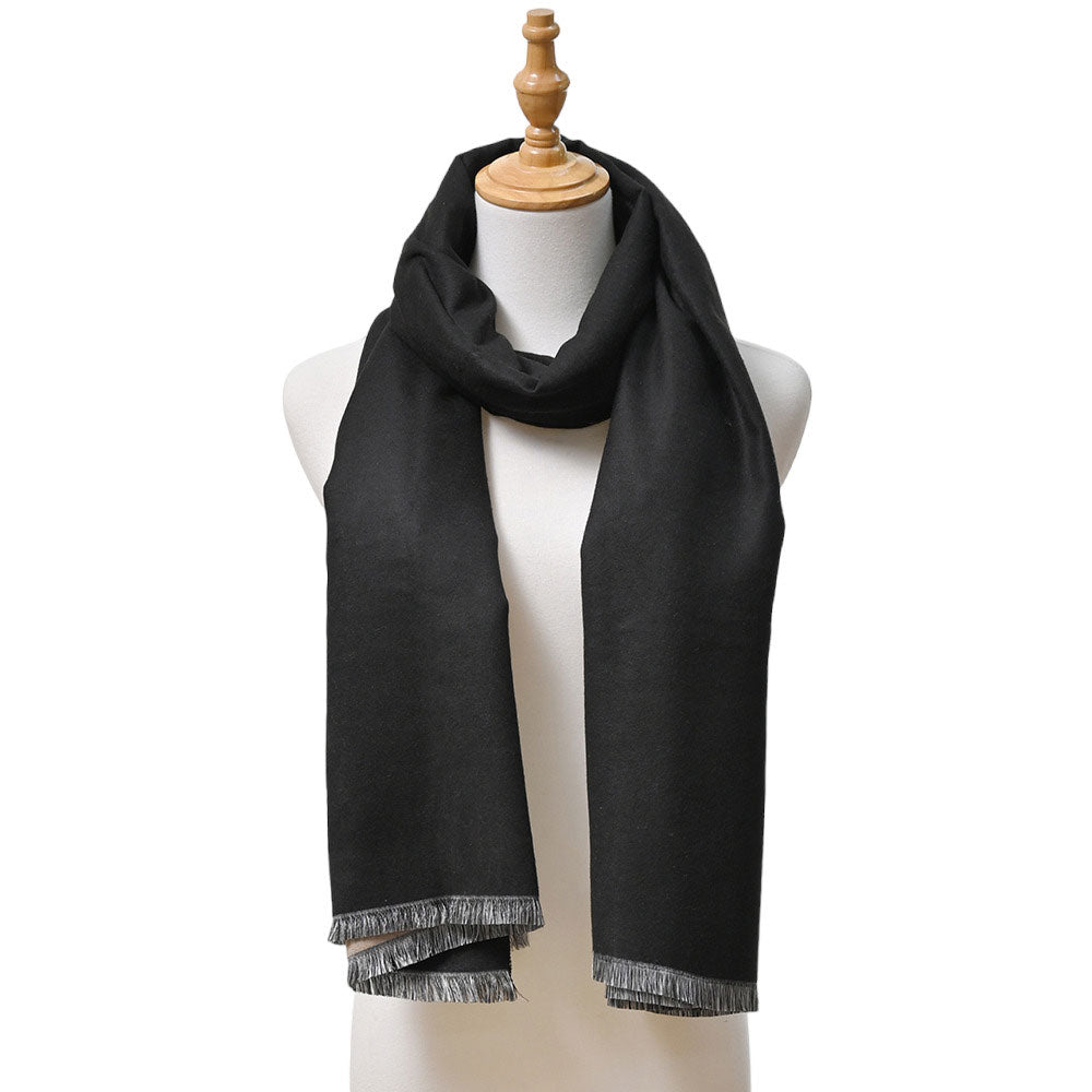 Black Reversible Frayed Oblong Scarf, Wrap yourself in style and warmth with this beautiful scarf. Crafted with sumptuous, lightweight fabric, this versatile scarf can be worn in two ways. A perfect winter accessory for wardrobe staples makes it perfect for gifting as a winter gift to any close person or treating yourself.