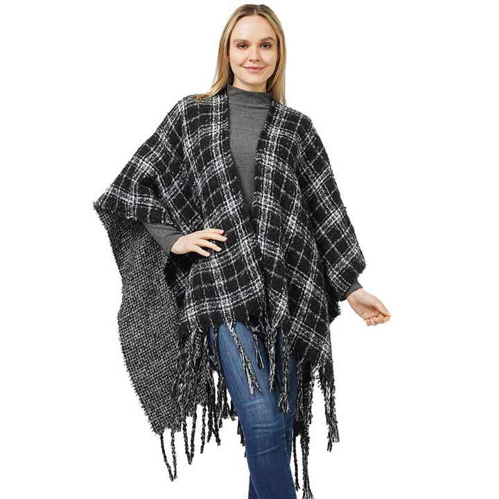 Black Reversible Plaid Check Patterned Cape Poncho, With the latest trend in ladies' outfit cover-up! the high-quality knit poncho is soft, comfortable, and warm but lightweight. It's perfect for your daily, casual, party, evening, vacation, and other special events outfits. A fantastic gift for your friends or family.