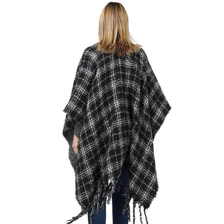 Black Reversible Plaid Check Patterned Cape Poncho, With the latest trend in ladies' outfit cover-up! the high-quality knit poncho is soft, comfortable, and warm but lightweight. It's perfect for your daily, casual, party, evening, vacation, and other special events outfits. A fantastic gift for your friends or family.