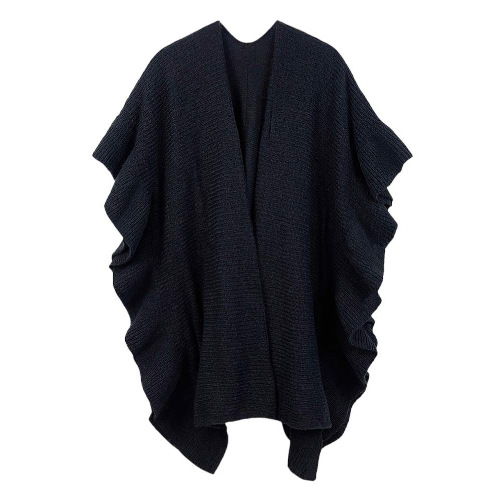 Black This Reversible Ruffle Sleeves Knit Ruana Poncho adds the perfect touch of sophistication to your look. Crafted from 100% Polyester this poncho features reversible sleeves with a unique ruffle design.  Easy to wear and care for, it's a must-have for any wardrobe. Excellent choice as a gift item for your loved ones. 