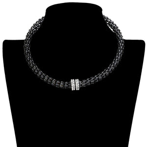 Black Rhinestone Embellished Metal Choker Necklace, will add a touch of glamour to your look. Crafted from durable metal and embellished with sparkling rhinestones, this choker necklace will be a great accessory for any outfit on any special occasion. An excellent gift item for birthdays, anniversaries, weddings, etc.