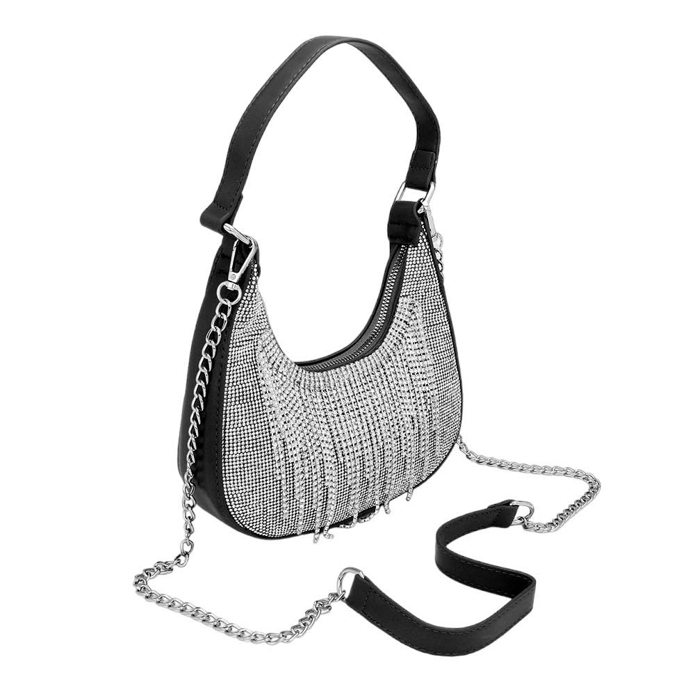 Black Rhinestone Fringe Evening Shoulder Crossbody Bag, exudes glamour and sophistication with its sleek design and rhinestone detailing. It features an adjustable shoulder strap and a durable closure to ensure all your belongings stay secure. Shine up with This Rhinestone Fringe Evening Shoulder Crossbody Bag.