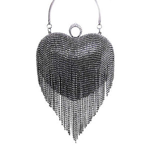 Black Rhinestone Fringe Heart Evening Tote Clutch Crossbody Bag, This high quality Clutch Bag is both unique and stylish. perfect for money, credit cards, keys or coins, comes with a wristlet for easy carrying, light and simple. Look like the ultimate fashionista carrying this trendy Rhinestone Fringe Heart Clutch Bag!