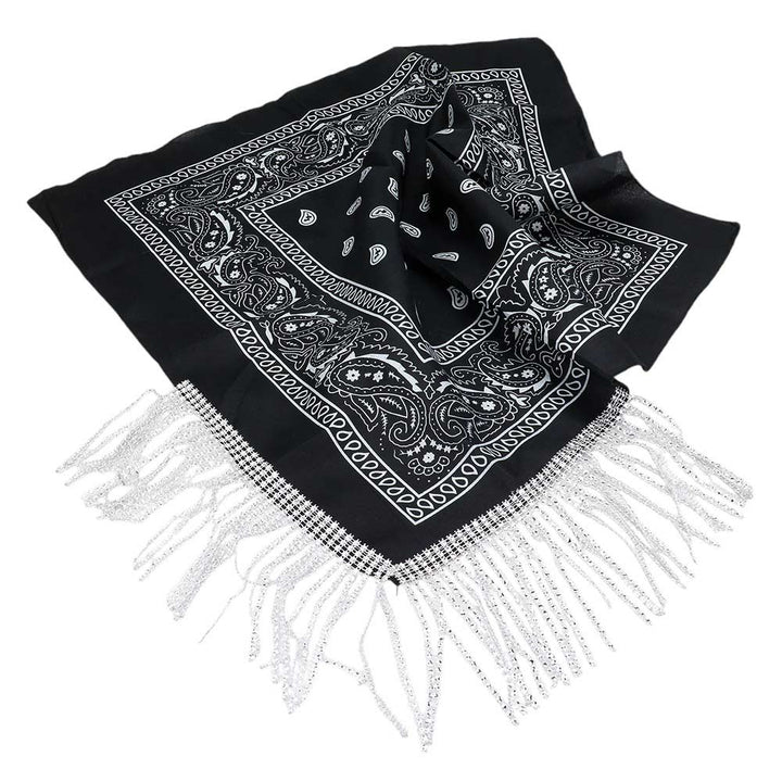 Black-Rhinestone Like Fringe Cowgirl Bandana Scarf adds a touch of sparkle and charm to any outfit. The fringe detailing and cowgirl motif make it a perfect accessory for any western-themed event. Made with high-quality materials, this scarf offers both style and durability. Perfect gift choice for someone you love.