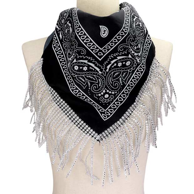 Black-Rhinestone Like Fringe Cowgirl Bandana Scarf adds a touch of sparkle and charm to any outfit. The fringe detailing and cowgirl motif make it a perfect accessory for any western-themed event. Made with high-quality materials, this scarf offers both style and durability. Perfect gift choice for someone you love.