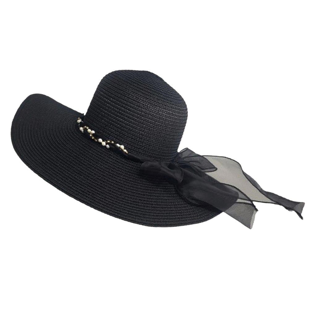 Black Rhinestone Pearl Twisted Bow Band Pointed Straw Sun Hat, Step into the sun with style and elegance with our straw sun hat. Adorned with beautiful rhinestones and pearls, this hat is perfect for any outdoor occasion. Stay cool and protected while looking chic and sophisticated. Make a statement with this!