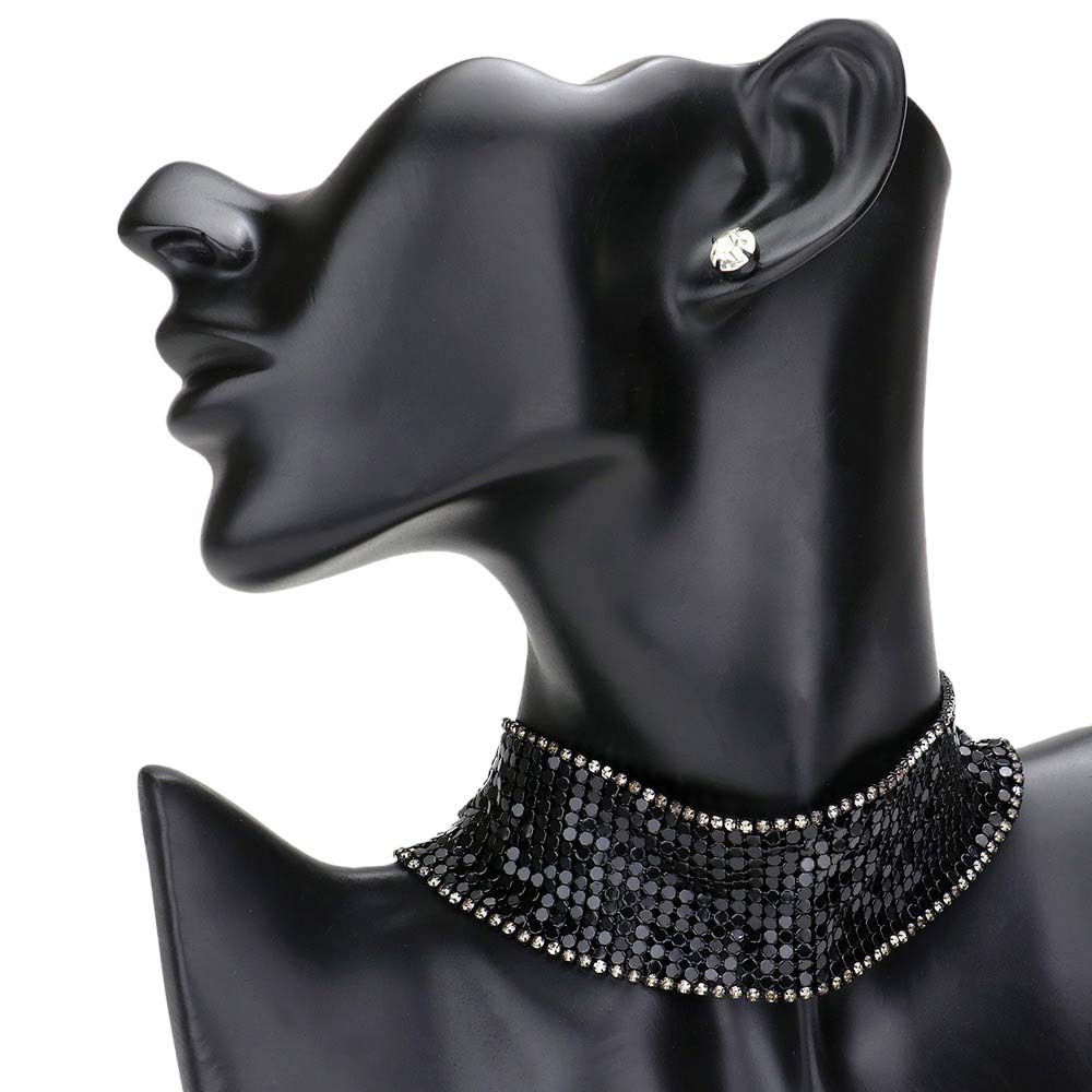 Black Rhinestone Trimmed Metal Choker Jewelry Set, this stylish metal choker jewelry set is the perfect accessory to complete any look. This metal choker jewelry set is a must-have accessory to elevate any outfit. An excellent gift item for birthdays, anniversaries, weddings, bridal showers, and other special occasions.