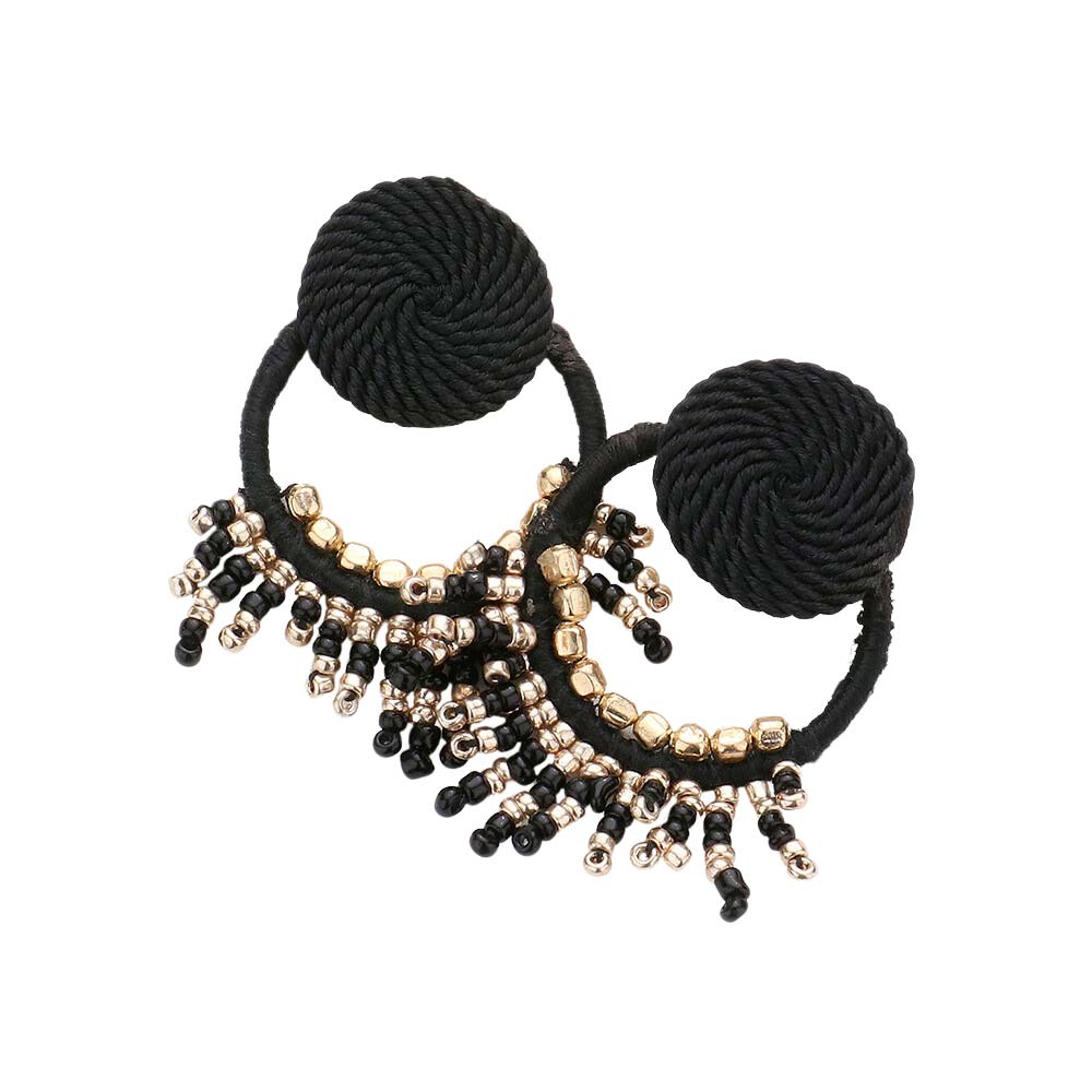 Black Rope Wrapped Beaded Fringe Open Circle Earrings, are fun handcrafted jewelry that fits your lifestyle, adding a pop of pretty color. Highlight your appearance, and grasp everyone's eye at your party. These are Great gifts idea for your Wife, Mom, your Loving one, or family member.