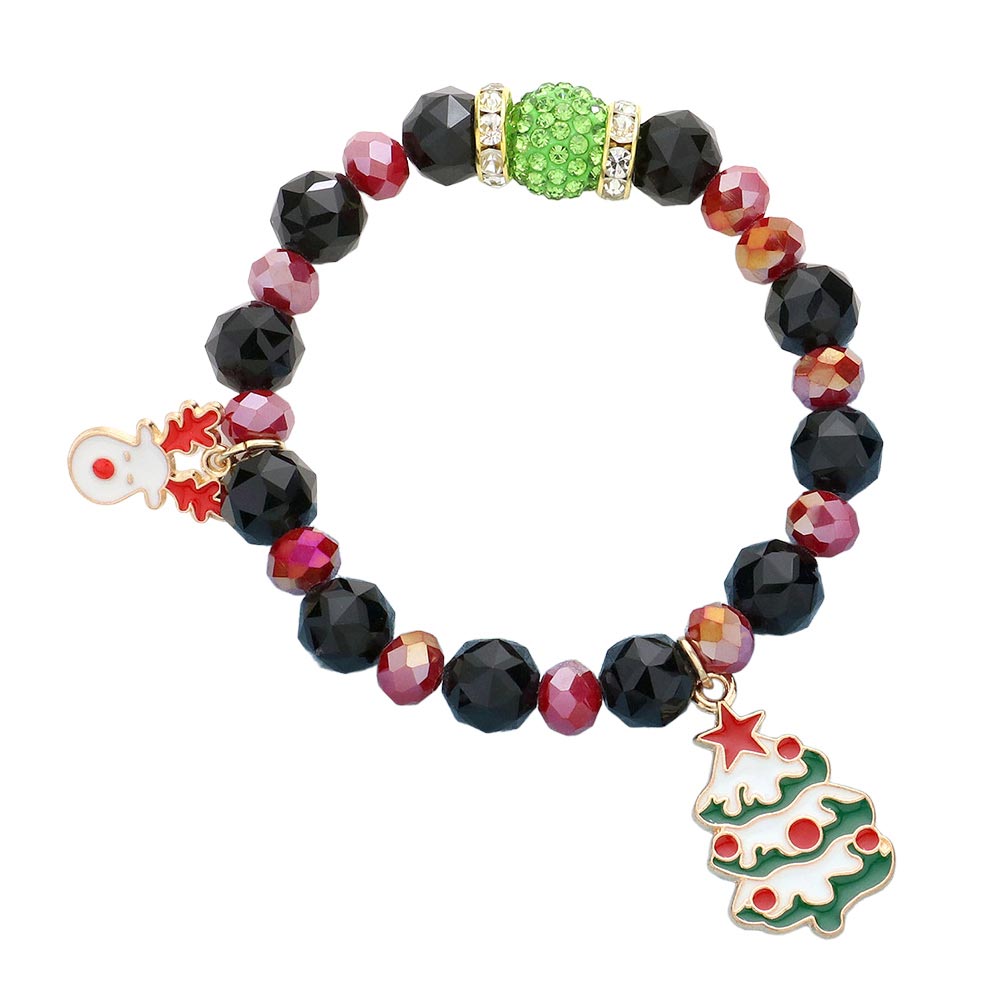 Black Rudolph Christmas Tree Charm Faceted Beaded Stretch Bracelet. Adorn your wrist this holiday season with these bracelets. Bring a festive touch to your wardrobe this season. Awesome gift item for every young adult, sister, daughter, bestie, wife or partner, friend and family member.