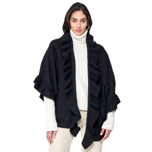 Black Ruffle Knit Cardigan, Featuring a unique ruffle detailing and crafted from soft knit fabric, this cardigan offers both comfort and style. Perfect for layering with your winter wardrobe, you'll feel comfortable and fashionable in any situation. Ideal winter gift to fashion forwarded friends and family members.