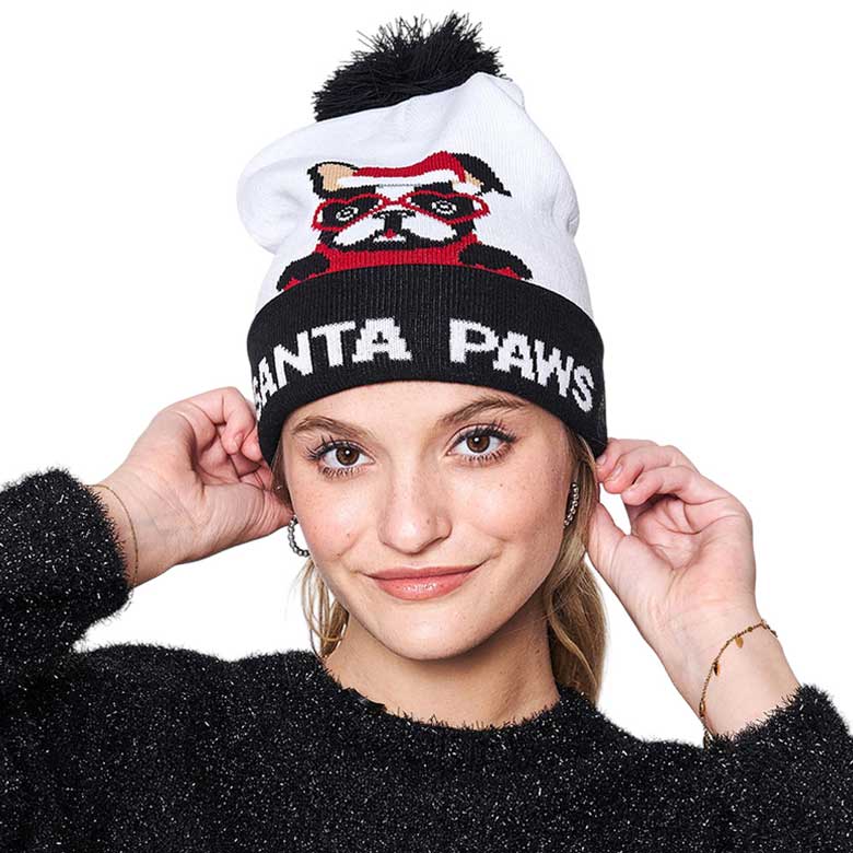 Black Our Santa Paws Message Bulldog Pom Pom Beanie Hat is the perfect combination of playfulness and warmth. This spunky cap, themed with an animal, Christmas, paw, and pom pom design, is sure to make a statement. The unique design adds a festive touch to any outfit. Perfect gift for Christmas, Secret Santa, holidays, etc.