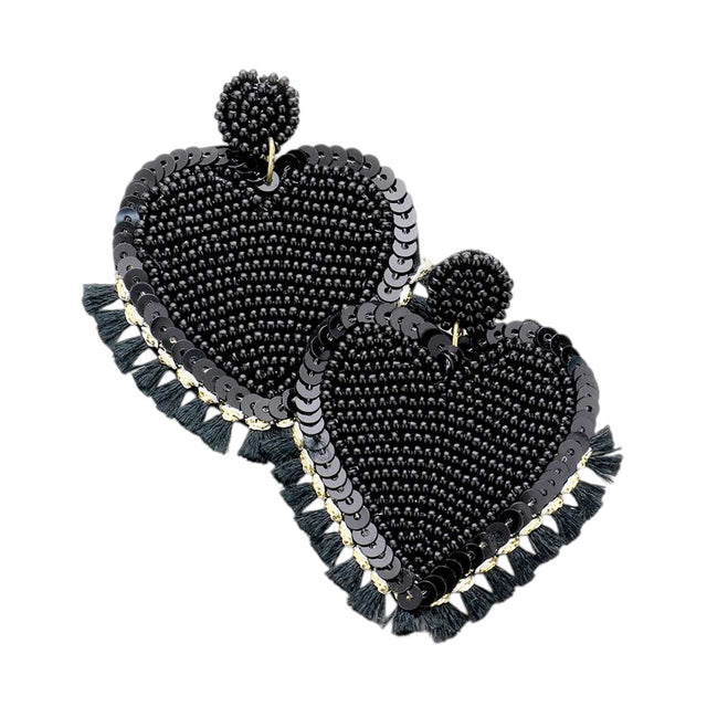 Seed Bead Heart Tassel Trim Earrings - Black - Earrings