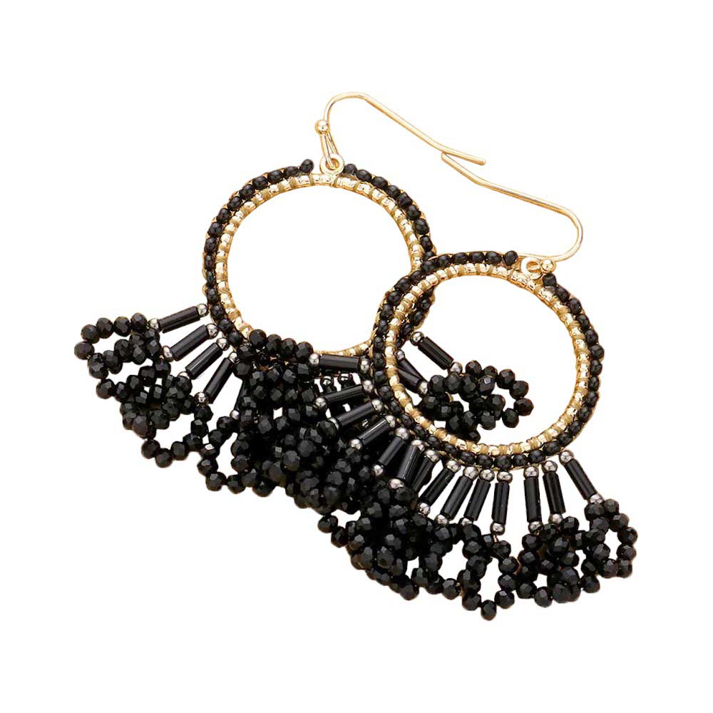 Black Seed Beaded Fringe Metallic Tiered Circle Dangle Earrings, Inject some drama into your look with these stunning pieces. Crafted with layers of tiny seed beads and metallic circles, these beautiful earrings provide a unique and eye-catching addition to any outfit. A perfect accessory for any occasion.