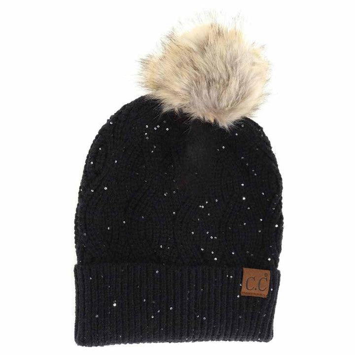 Black Sequin Brioche Cable Knit Fur Pom C.C Beanie combines classic craftsmanship with a modern touch. Featuring a soft brioche cable knit pattern enhanced by subtle sequins, this beanie adds understated sparkle to cold-weather style. The plush fur pom enhances warmth and a refined aesthetic, making it an ideal accessory for both functionality and fashion during chilly days. Durable and comfortable, it delivers expert-level design that complements any winter wardrobe. 