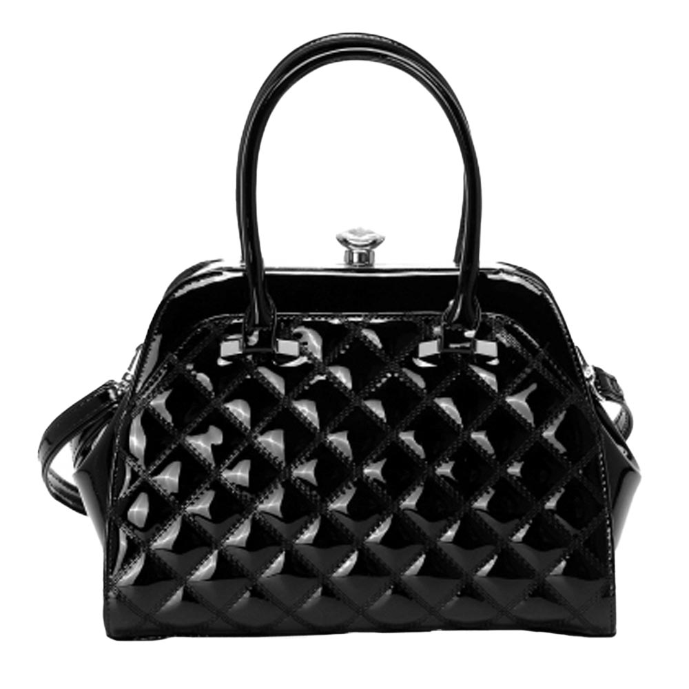 Black Shiny Patent  Quilted Fashion Satchel Tote Handbag, is the perfect choice for anyone looking to add a touch of style to their wardrobe. Designed with a classic quilted pattern and a gleaming patent finish. A perfect accessory to keep all necessary things in place.