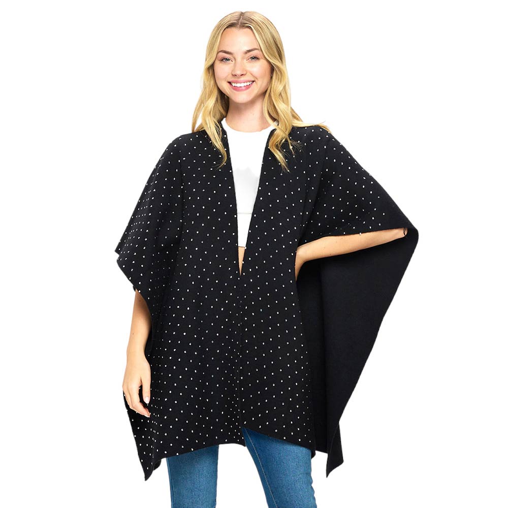 Black Jet Bling Solid Ruana Poncho, Crafted from soft fabric, this poncho features a luxurious sparkle for a touch of glamour. With a ruana-style cut, the poncho is designed for maximum comfort and added coverage. Perfect for cooler days, it will quickly become a wardrobe staple. Give the perfect gift with this poncho.