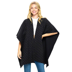 Black Silver Bling Solid Ruana Poncho, Crafted from soft fabric, this poncho features a luxurious sparkle for a touch of glamour. With a ruana-style cut, the poncho is designed for maximum comfort and added coverage. Perfect for cooler days, it will quickly become a wardrobe staple. Give the perfect gift with this poncho.