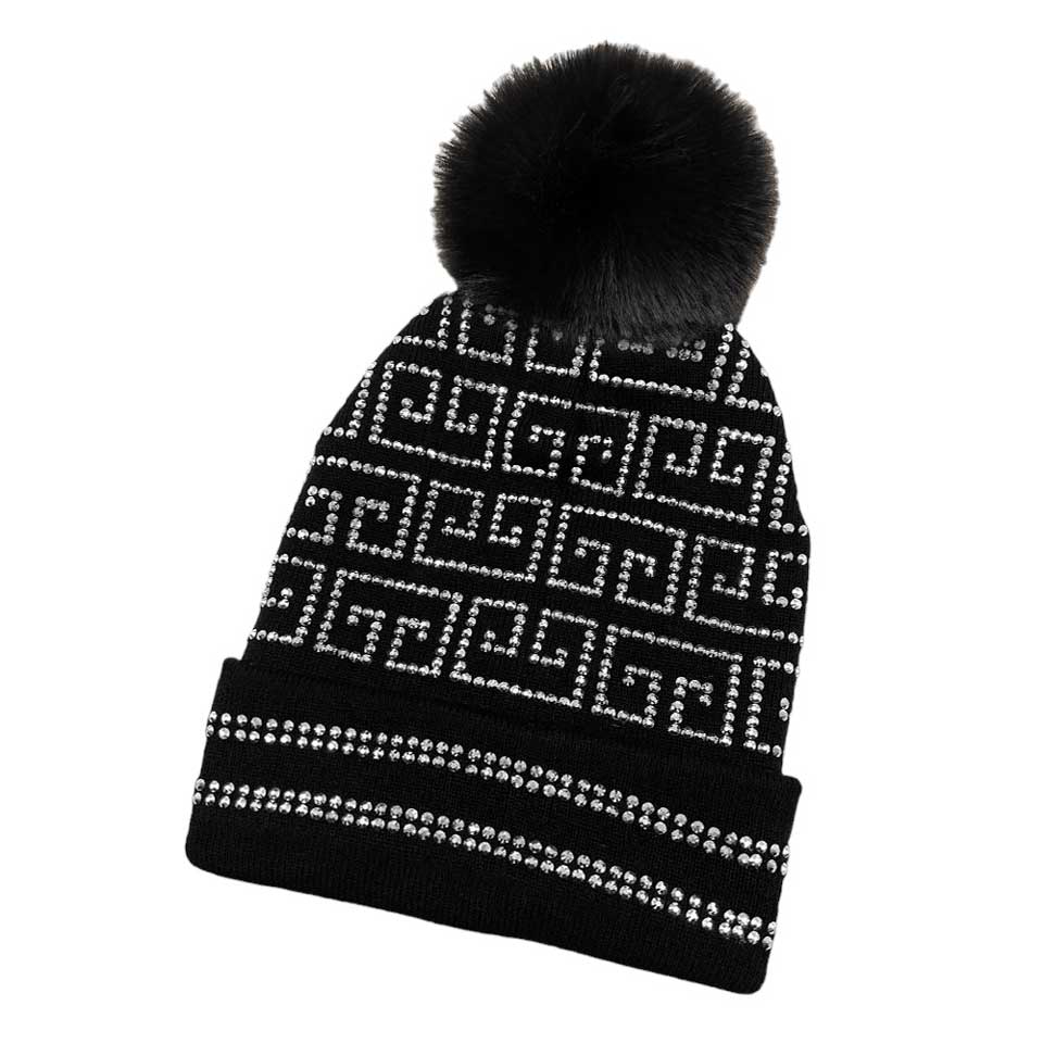 Black Silver Bling Greek Pattern Pom Pom Beanie Hat, this beanie hat is designed with a unique "bling" Greek pattern and is crafted from a soft material for a comfortable fit. The pom pom embellishment adds extra flair for a fashionable and fun look. Perfect winter gift idea for fashion-forwarded loved ones.